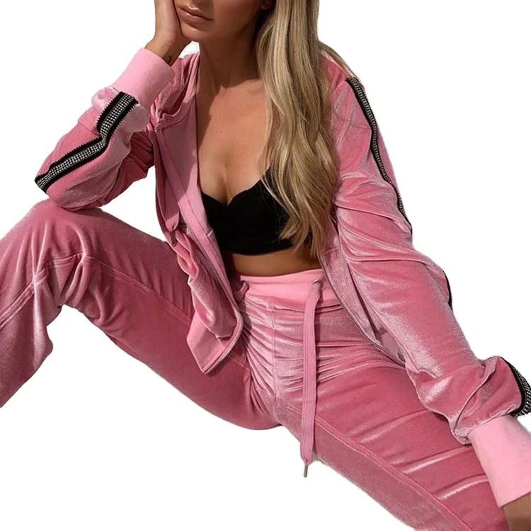 TANAZAINRA  Custom ladies Winter Plain Zip Pink Two Piece Set Velour Hoodie Tracksuits for Women