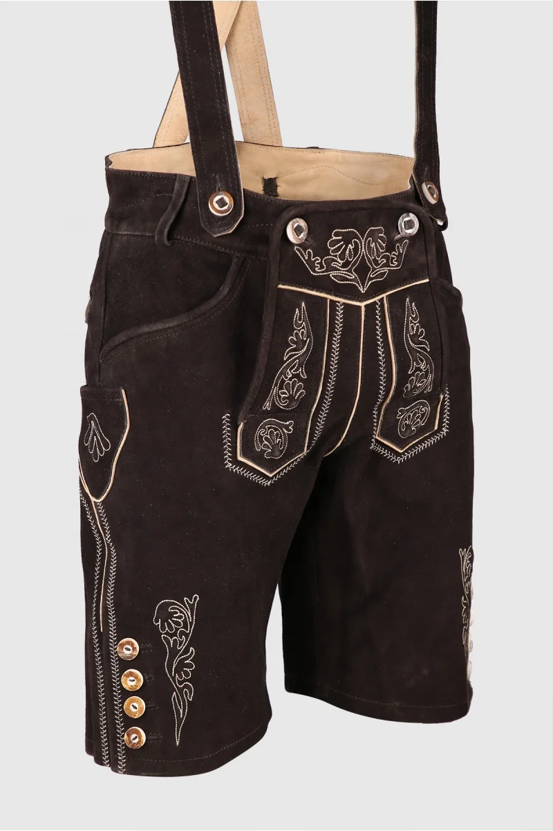 Bavarian Lederhosen Custom OEM Design Short Length Men Lederhosen In Cow-Hide Suede Leather Made Dark Brown Color Lederhosen