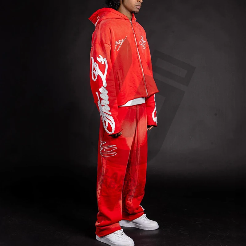 OEM Custom Patch Embroidery French terry Cotton Distressed Raw Hem Acid Wash Sweatpants And Hoodie Set For Men