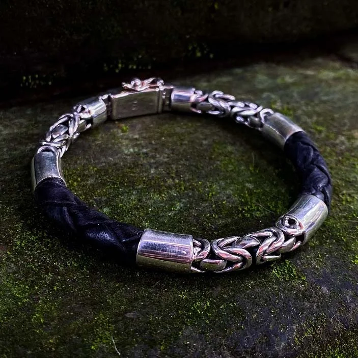 NY-CHB057-Sterling Silver Chain And Braided Leather Combo Bracelet Biker Accessories For Daily Use Gift For Men And Women