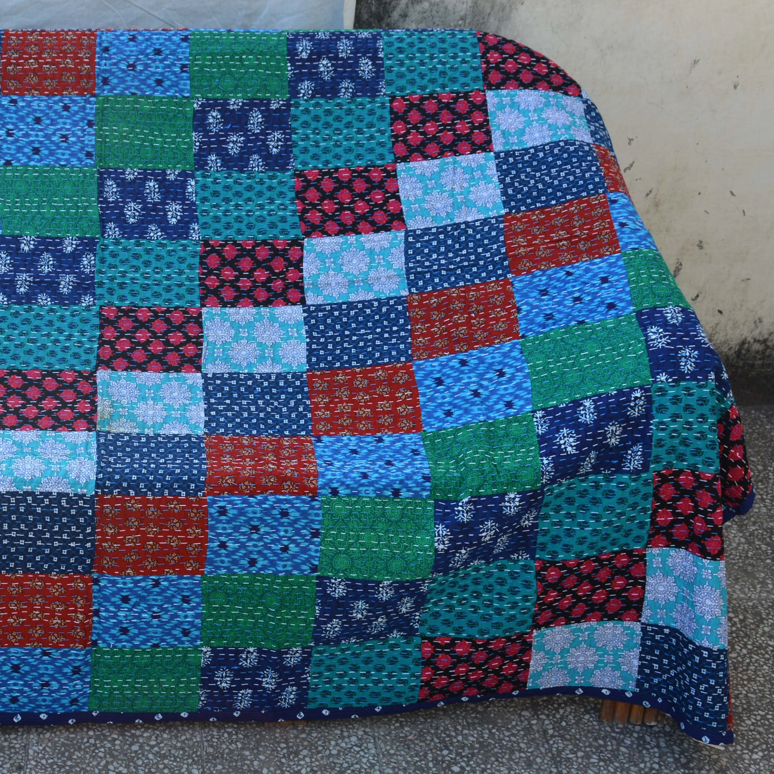 Best Kantha Handmade Hand Block Print Cotton Patch Work Sofa 60x90 inches Cover Bedspread Throw Kantha Handmade Hand Block Print