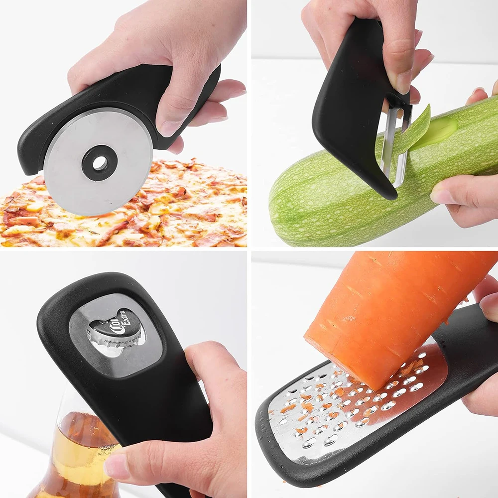 6-Piece Kitchen Gadgets Set - Cheese Grater - Bottle Opener - Fruit Peeler - Pizza Cutter - Ginger Grinder - Herb Stripper