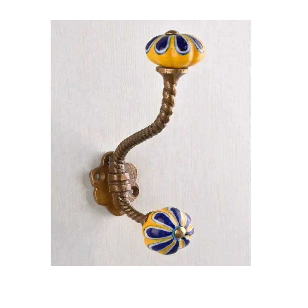 Blue & Yellow Modern Vintage Ceramic Knob Double Hook Coat Purse Jewellery Heavy Wall Hooks for Hanging Ceramic Towel Hat Hooks