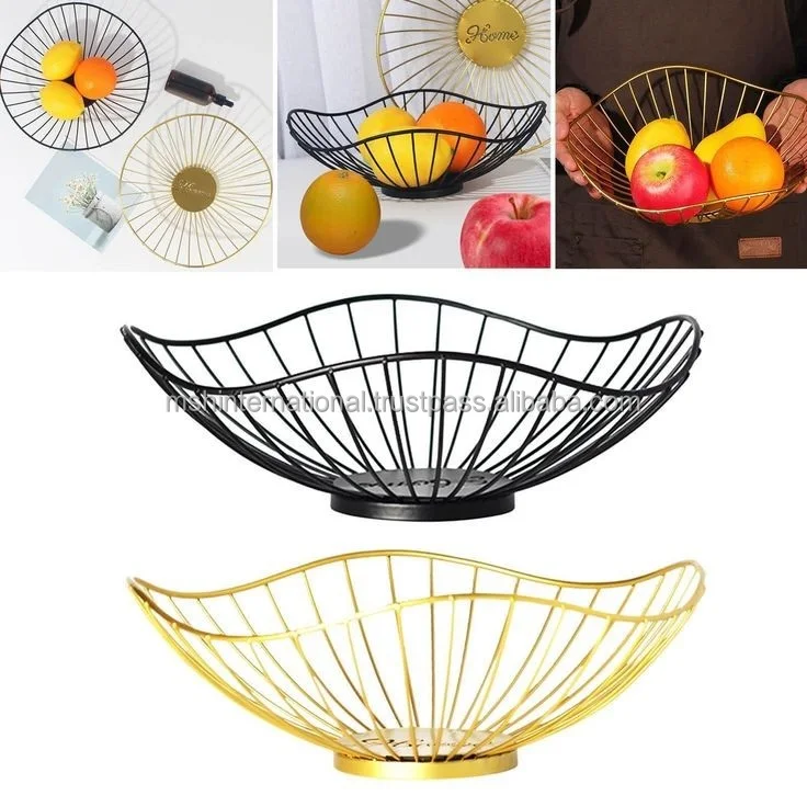Manufactory High Quality Special Pattern Countertop Gold Wire Fruit Basket Metal Iron Food Fruit Storage Basket In Bright Golden