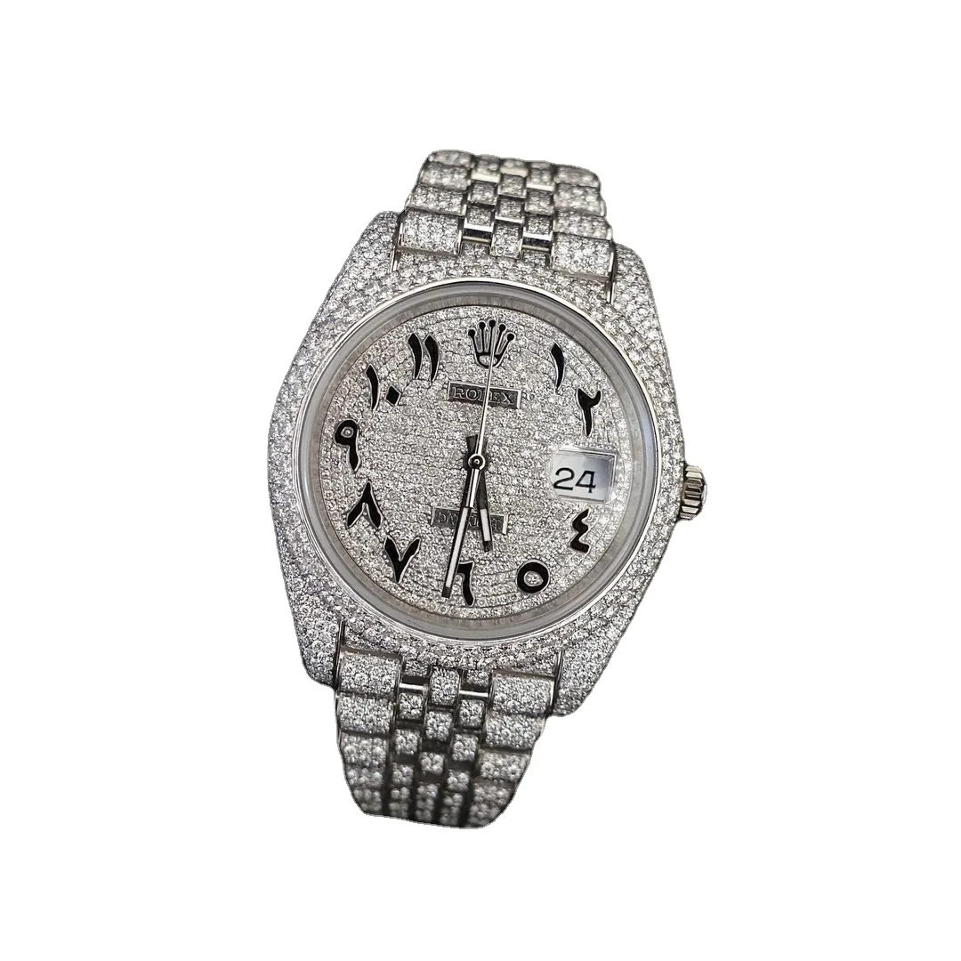 Luxurious 41mm Arabic Dial Automatic Quartz Movement Watch with Stainless Steel Band Moissanite Diamond Good Quality Sale India