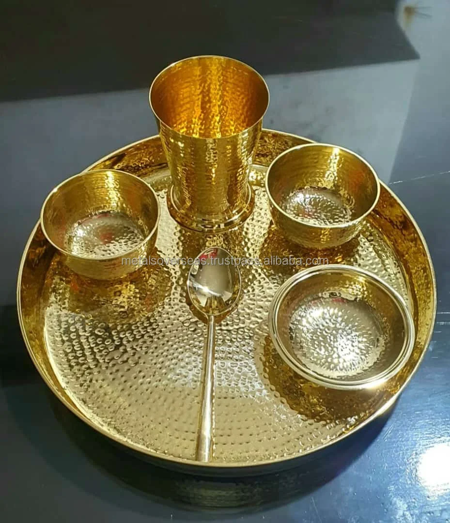 India Hammered Brass Solid Dinner Thali Set 5 Pieces Gold Hammered For Use Home And Dinner table