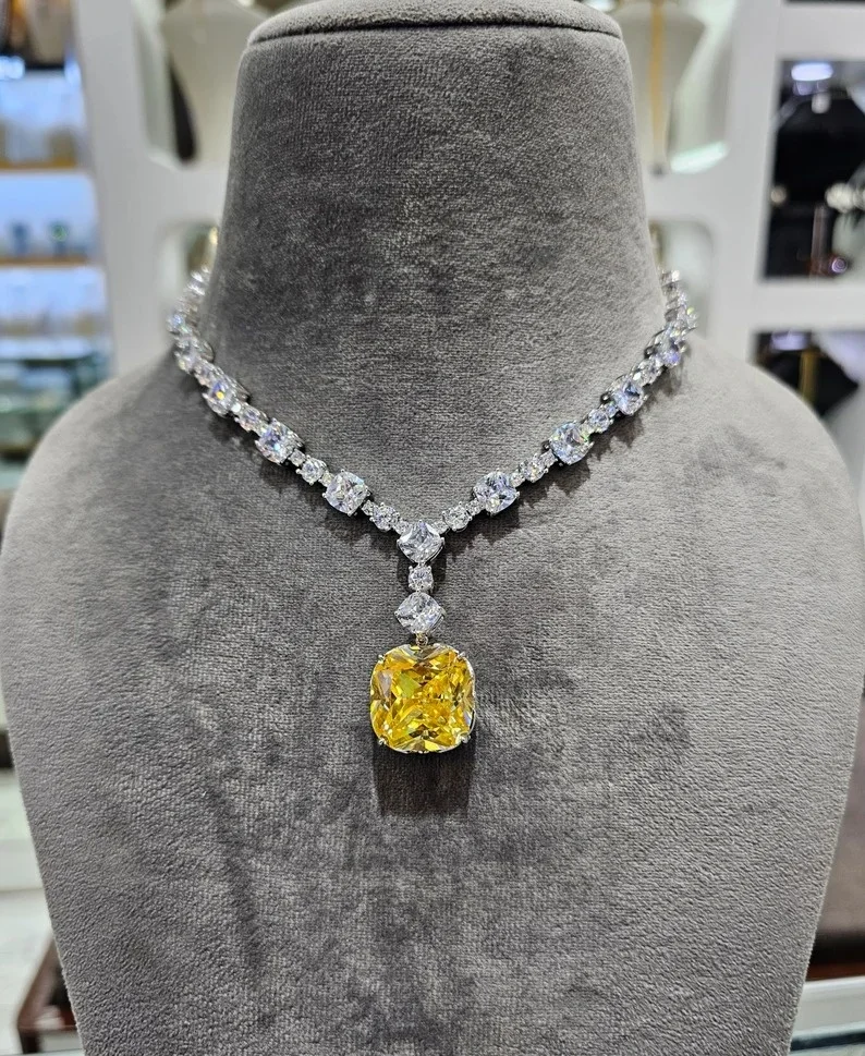 Classy Yellow Canary Cushion Shaped Moissanite Diamond Necklace With Earrings Beautiful Necklace Customized Jewelry Gift For Her