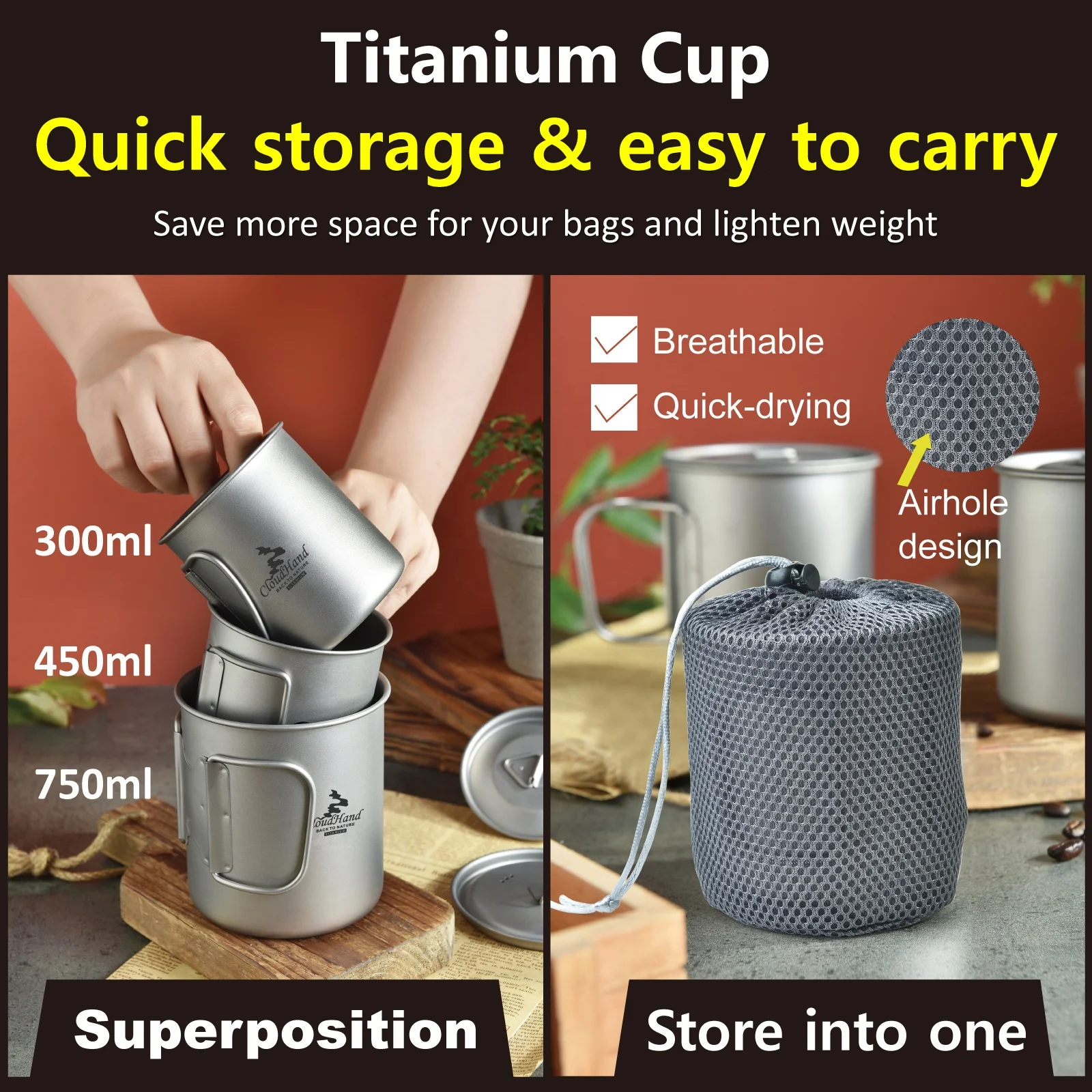 Food grade Titanium Mug 300/450/500/750ml Portable Outdoor Camping Titanium Cup