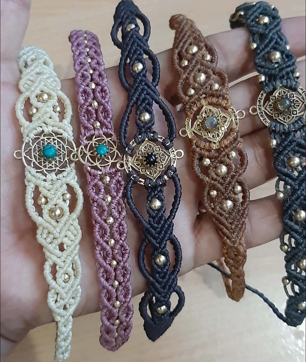 Highest Quality Small Round Turquoise Bead Macrame Hand Bracelet With Brass Lotus Finding Macrame Bracelet For Best Friend