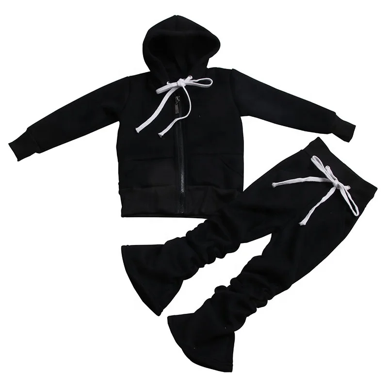 Wholesale Boys Girls Zipper Sweatsuit Stacked Pants Fleece Hoodies Tracksuit Baby Girls Clothing Jogger Sets Winter