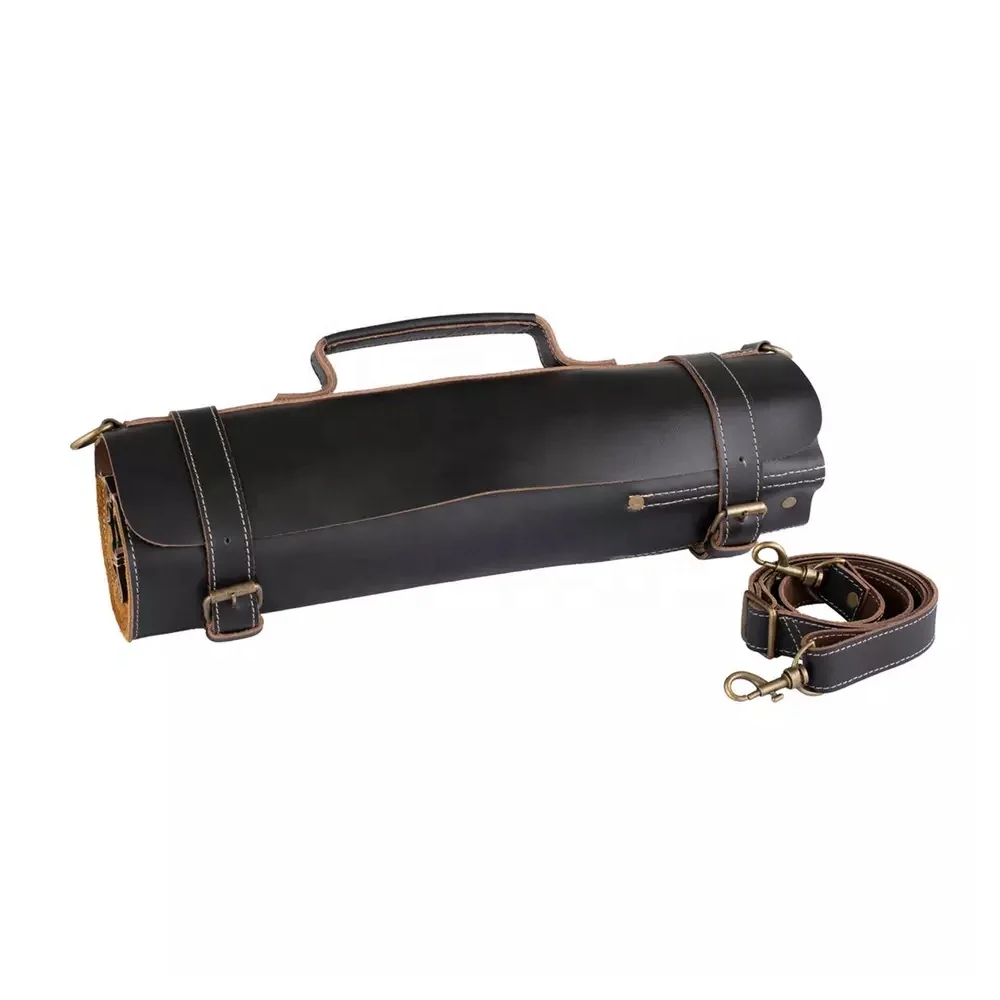 Professional Handmade Real Leather Knife Rolling Pouch Bag Double Buckle Locking Chef Knife Roll Bag