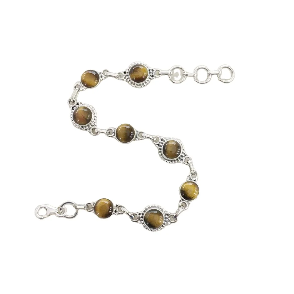 Eternity Yellow Tiger Eye Gemstone 925 Sterling Silver Bracelet Wholesale Handmade 925 Silver Yellow Tiger Eye Gemstone Bracelet