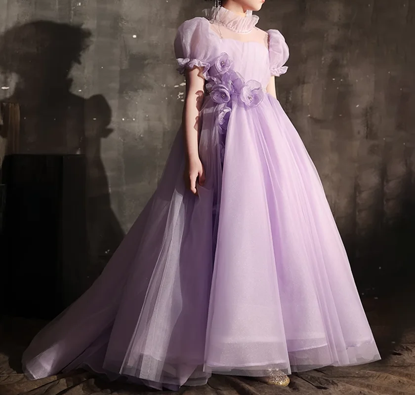 Fancy Kids Tulle Flower Girl Lilac Color Dress For Girls Dresses