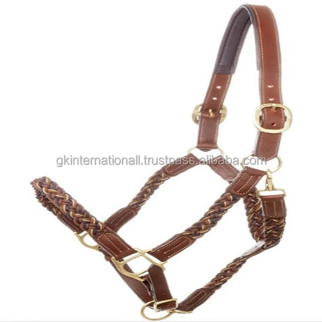 Best Buy Custom Design hand braided Leather horse halter in black brown or tan genuine leather brass hardware & white stitching