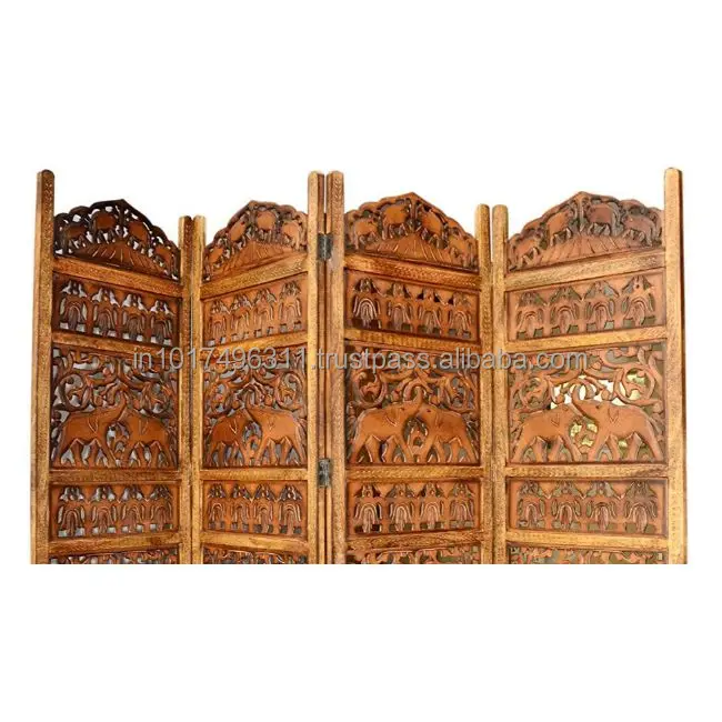 Handcrafted 4 Panel Room Partition (Brown) Solid Wood Decorative Screen (Free Standing Finish Color - Brown )