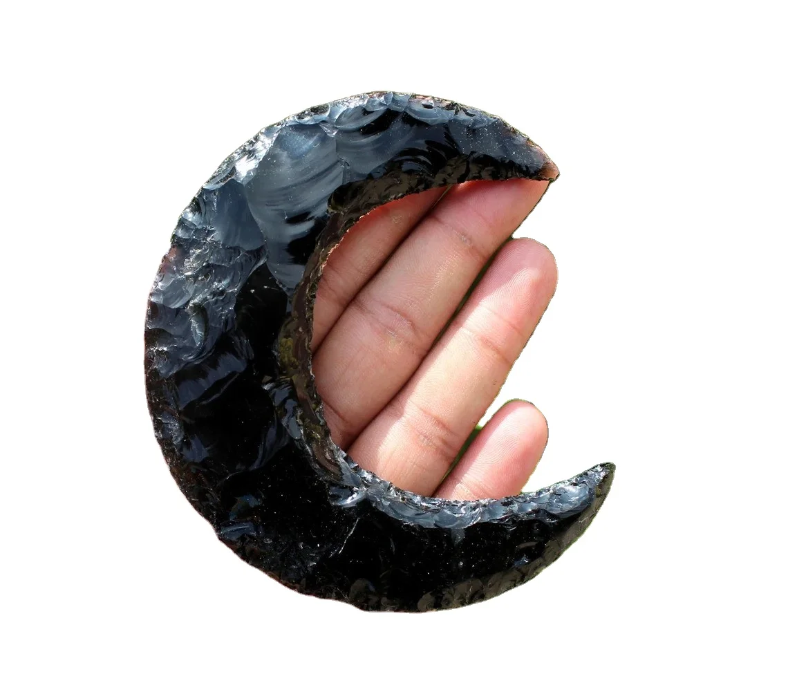 Large Black Obsidian  Moon Crystal Healing Stone Crescent  Moon Shape Gemstone Hand Craft Crystal Gemstone Black Obsidian Stone