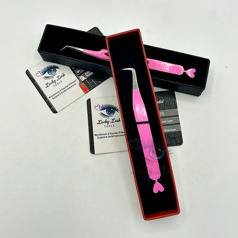 Powder Coating Pink Color Heart Shape Tail Eyelash Extension Tweezers Solid Stainless Steel false Eyelashes Customized Label