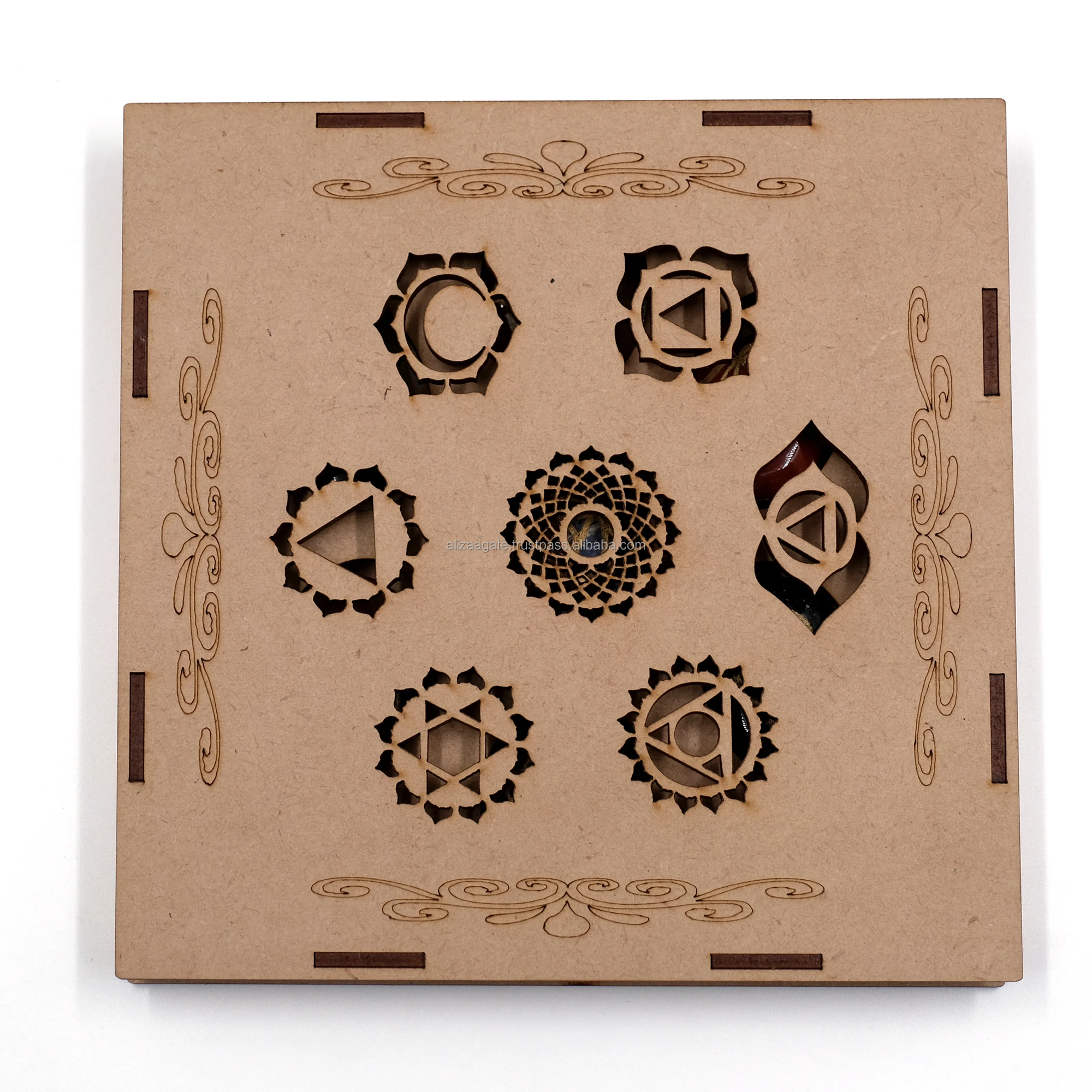 Engraved Chakra Stone Reiki Healing Crystal Seven Chakra Reiki Set With Wooden Box / Healing Reiki Agate 7 Chakra Set With Box