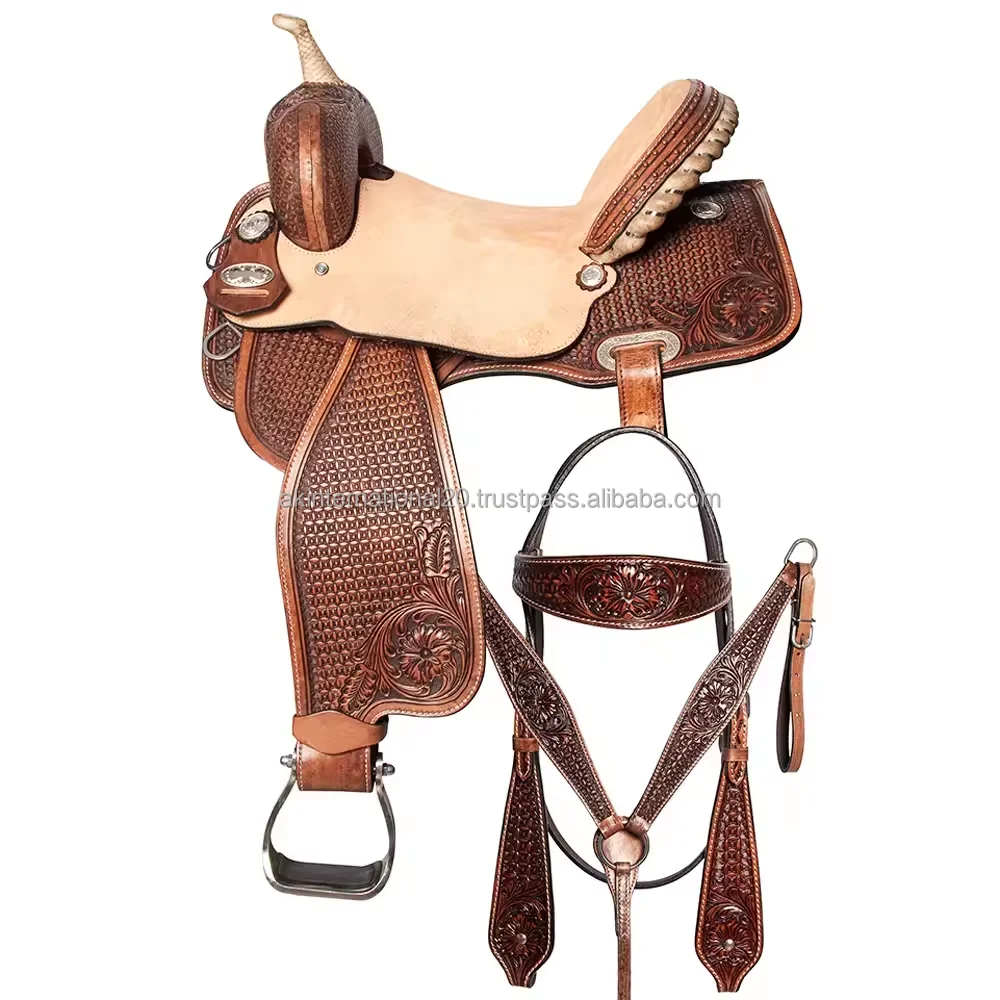 Premium Quality Soft Leather Plastic Tree Hand Tooled Western Horse Saddle with Leather Covered Stirrup Manufacturing From India