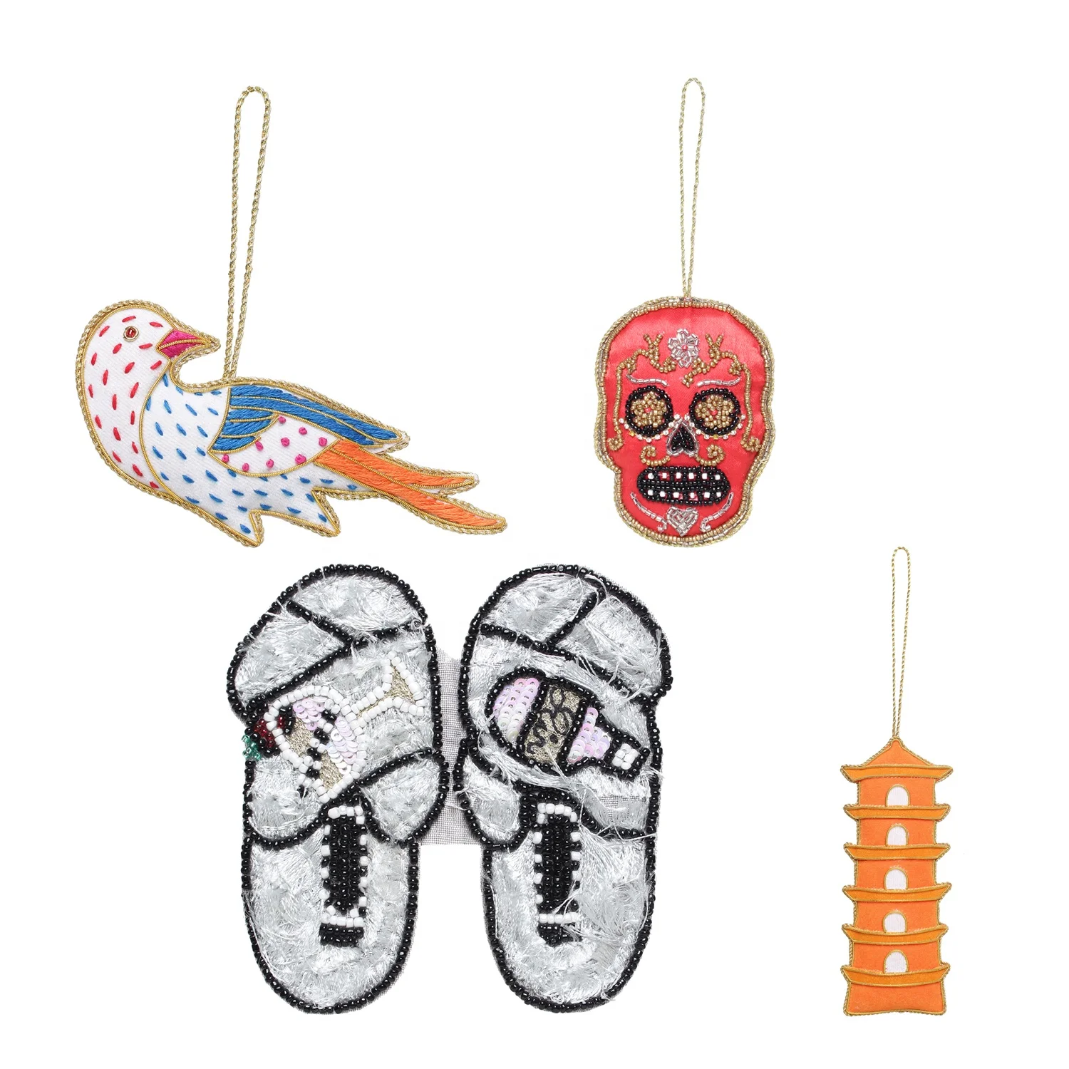 Handmade Christmas Decorations Embroidered Beaded Velvet Satin Lama Santa Socks Flying Sparrow Elephant Eagle & Bee Tree Shape