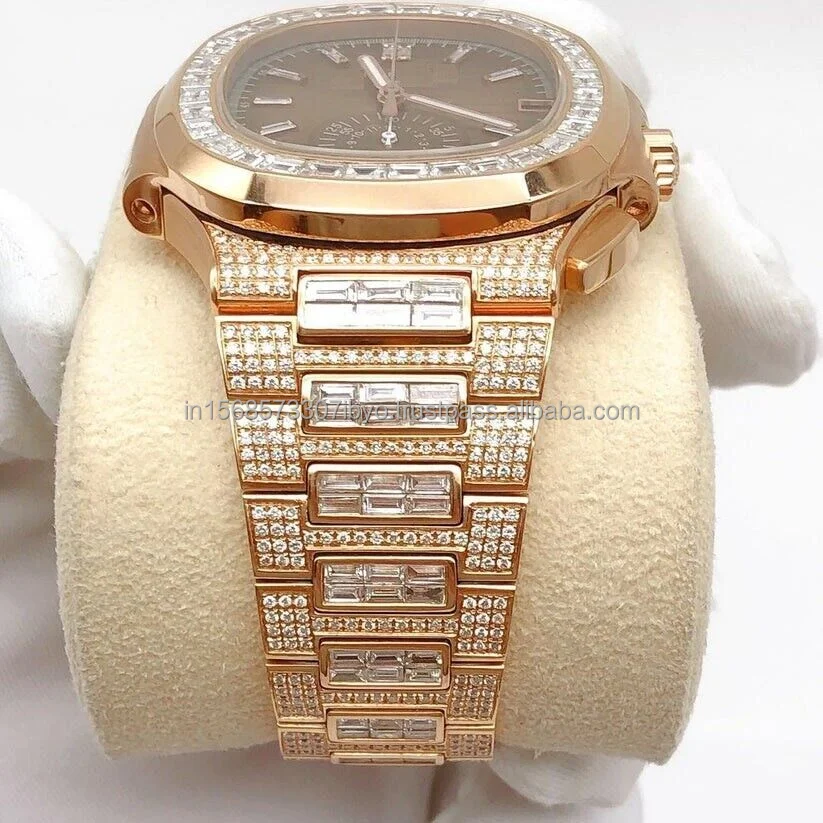 Luxury custom design Yellow gold designer Jewelry Moissanite Diamond Watch Premium Emerald cut Designer party wear Branded watch