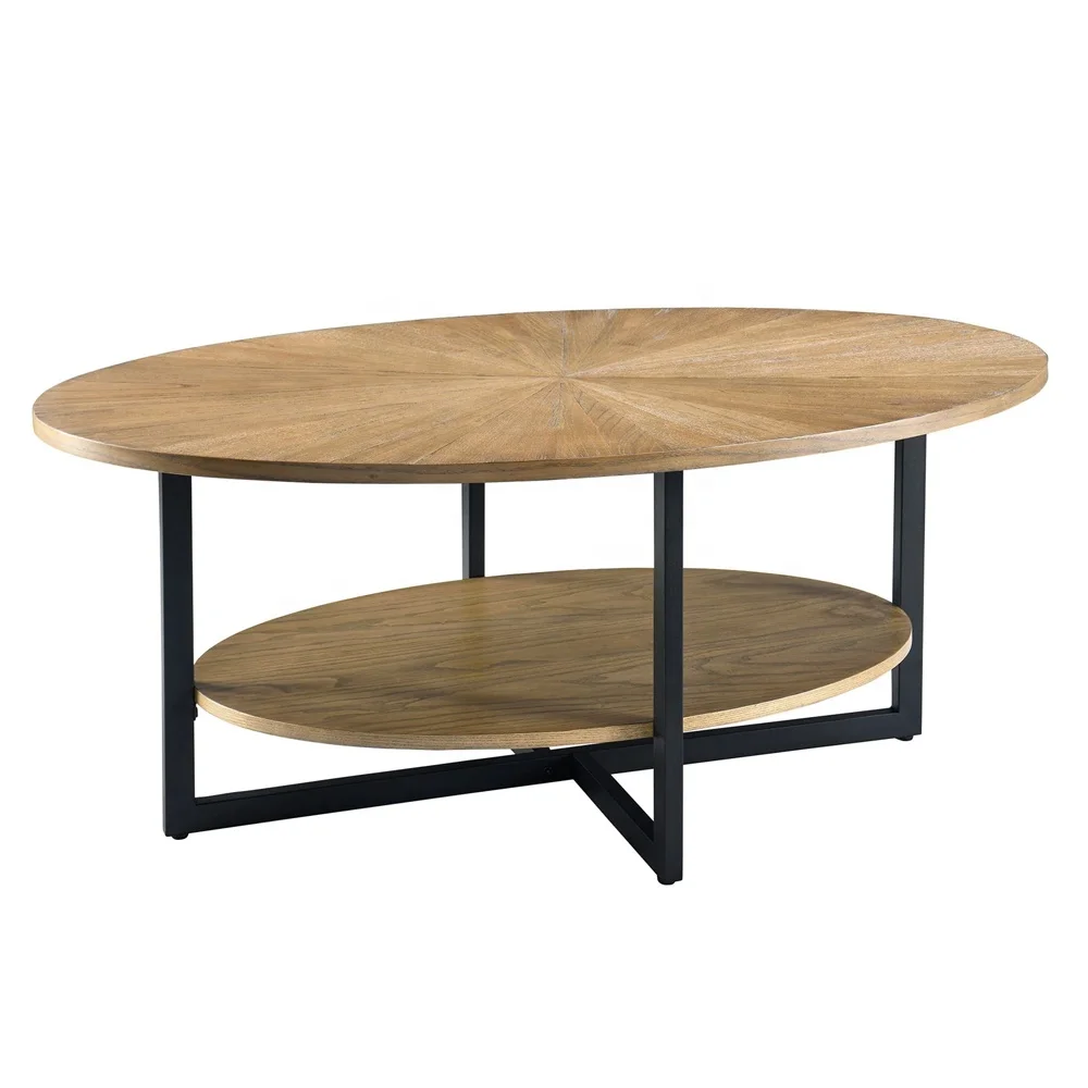 Modern Coffee Table Oval Solid Teak Wood With Natural Finish and Black Leg