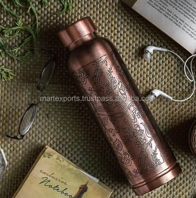 Pure Copper Water Bottle with Engraved Design Leak-Proof Reusable for Daily Hydration Gym Workout Ayurvedic Health Benefits