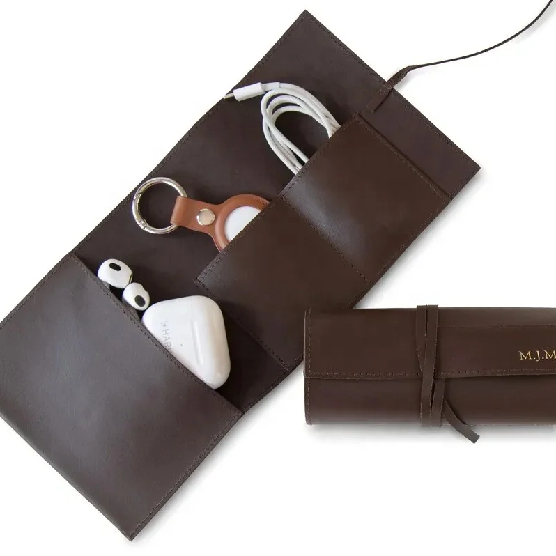 Cable Travel Electronics organiser Leather Charge Roll Bag,Travel Cord Tec Cable Bag Travel Case For Cable Charger Phone