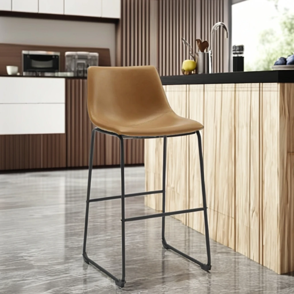 Genuine Leather Bar Stool with Solid Wood and Metal Crafts Dining Chair for Living Room Hotel & Bar Use