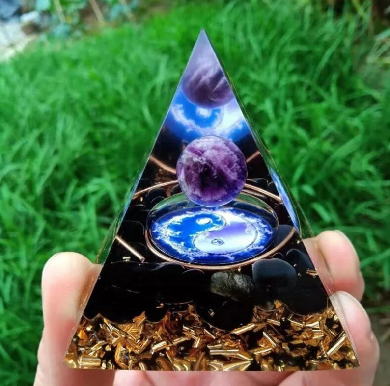 Amethyst Sphere Orgonite Pyramid-Natural Crystal Obsidian Meditation Orgone Pyramid-Positive Energy Generator