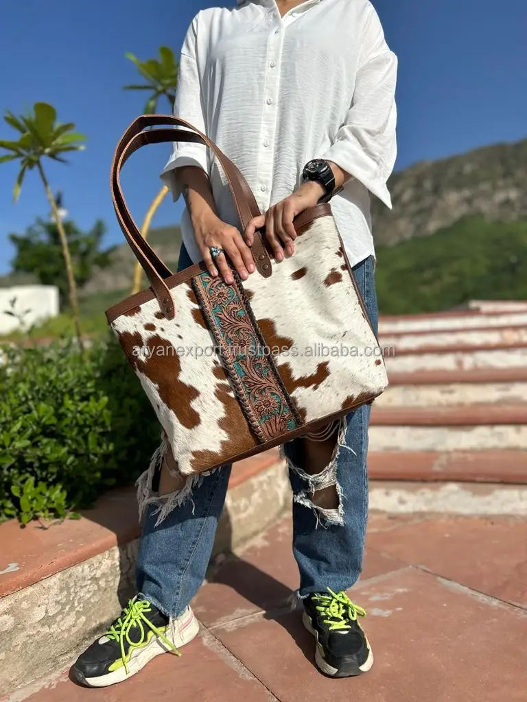 New Arrival Hand Tooled Carving Handbag Tote Bag Real Cowhide Fur Leather Bag Big Size Bags Great Collection Of Ladies Purse