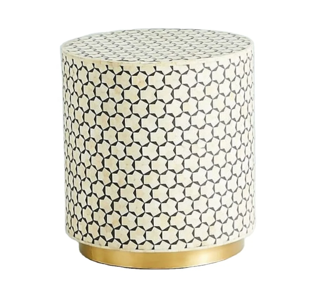 Indian Natural Bone Side Table with Drum Inlay for Coffee and Tea Handcrafted Crafts for sale