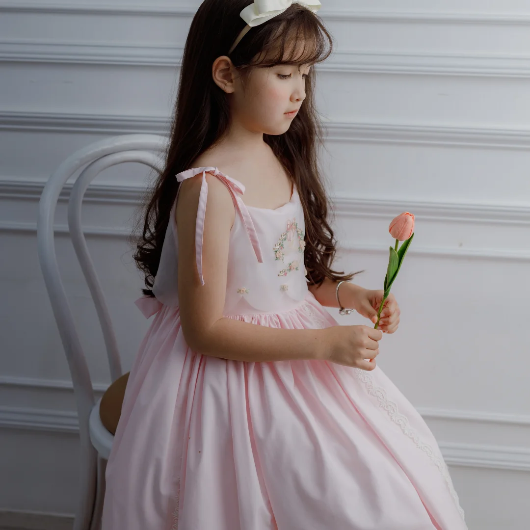 New Collection Summer Autumn 2024 Embroidery Beading Sleeveless Wholesale Pink Dress For Baby Girl Kid Fashion-Auria