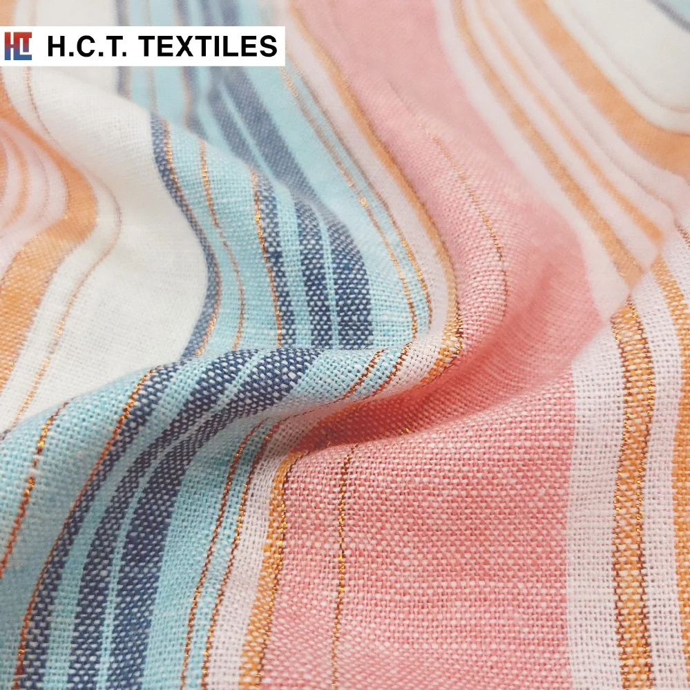 Весенне-летняя многоцветная ткань из вискозы и льна с металлическими полосками 190 г для платья