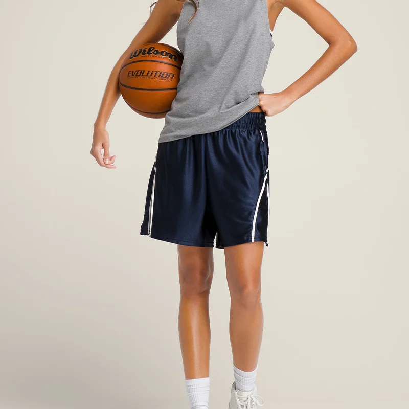 Custom Design logo Loose Fit Training Mid Rise Waist Elastic Band With Pockets Contrast Piping Basketball Shorts For Women