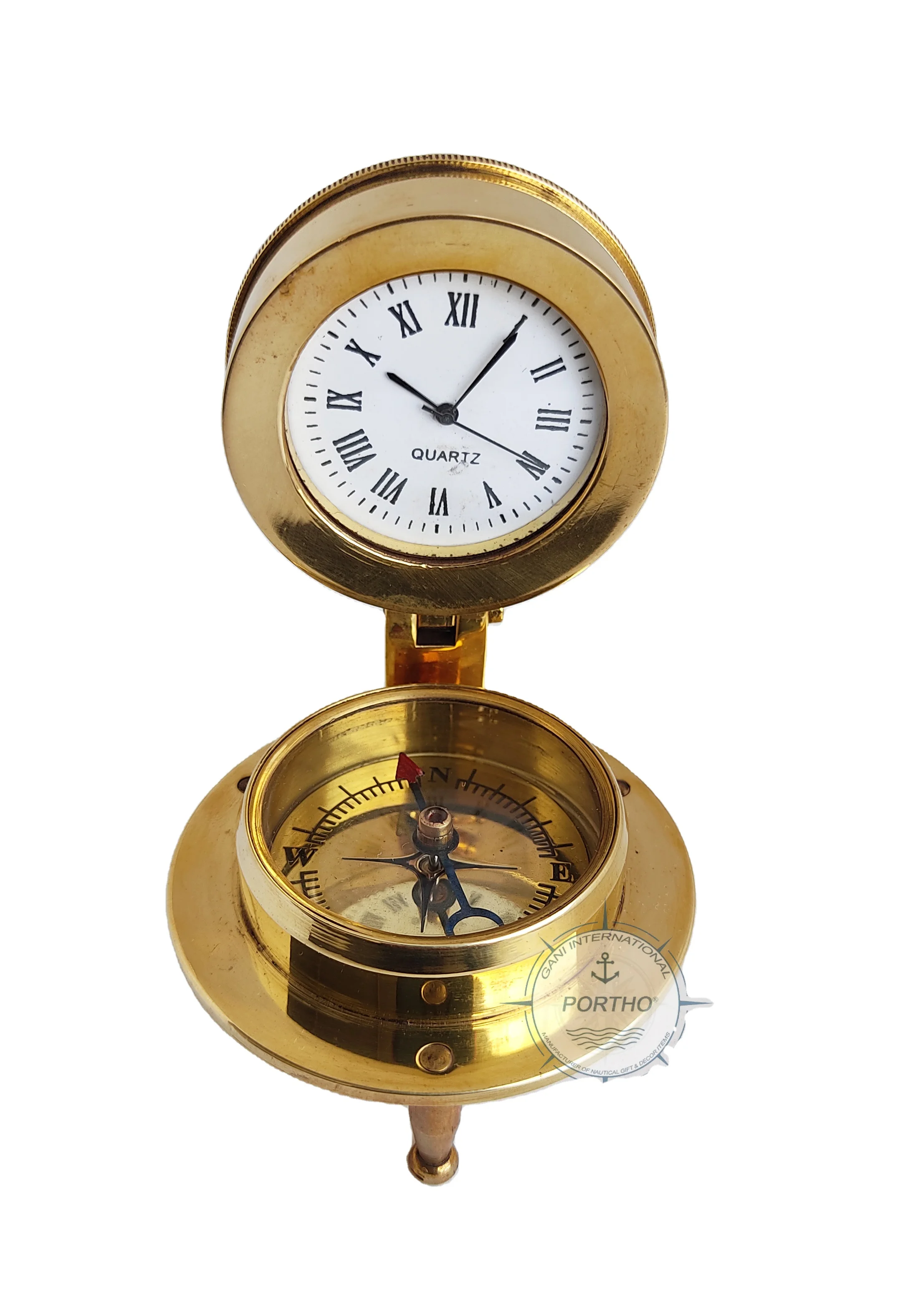 Vintage Brass Roman Numeral Desk Clock With Marine Compass Nautical Maritime Table Top Decor