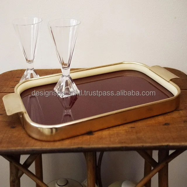 Glass Serving Tray with Metal Gold Outline and Handle at best rate