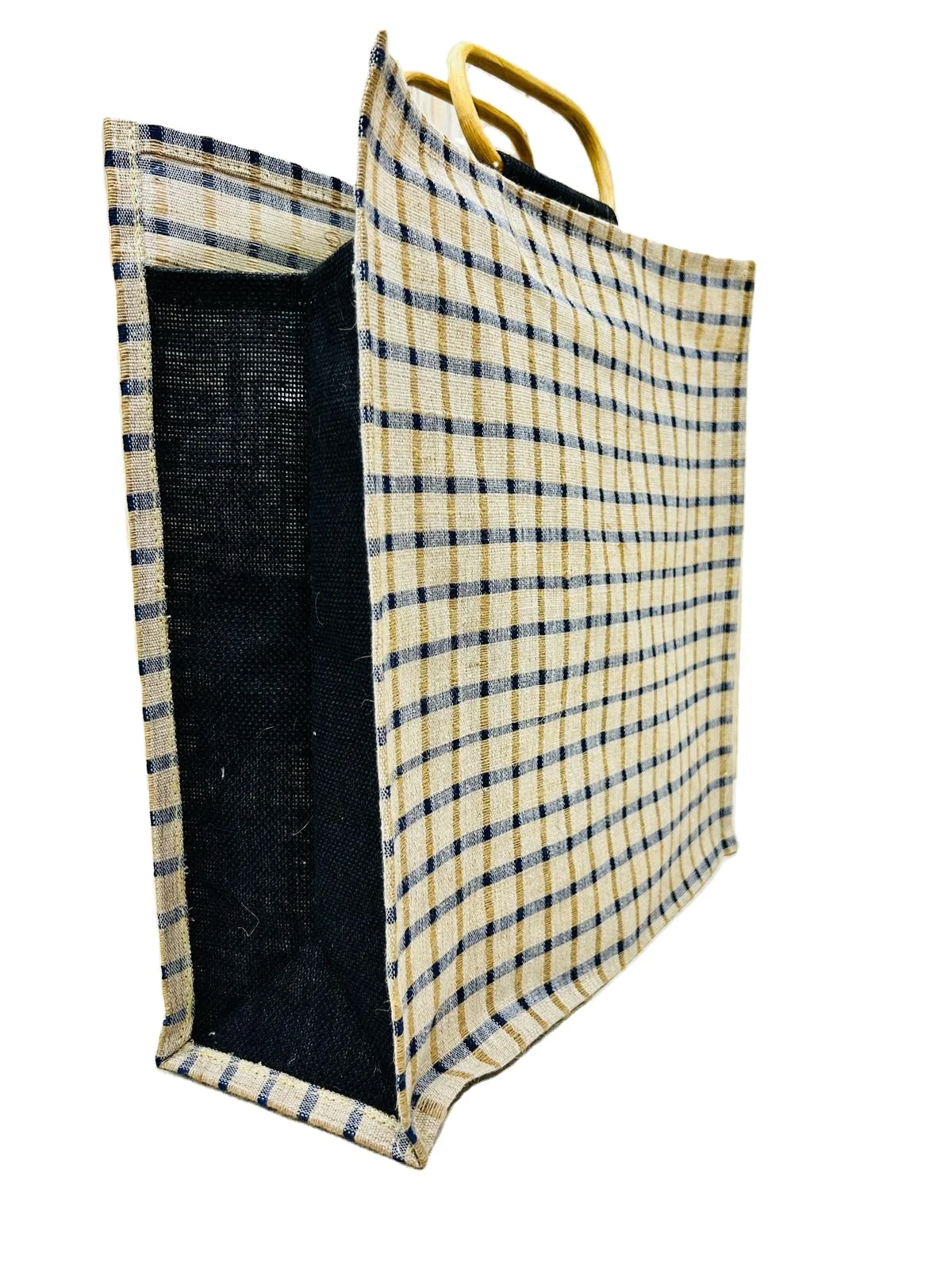 Premium Fashion Tote Bag Bamboo Handle Custom Stripe Design Zipper Canvas Burlap Travel Supermarket Shopping Gift Use Custom