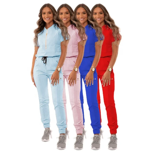 Nursing Uniform Scrubs 4 Way Stretch Spandex Stacked Pants Nurses Scrubs Suit Hospital Uniforms Jogger Women Scrub Sets Uniform