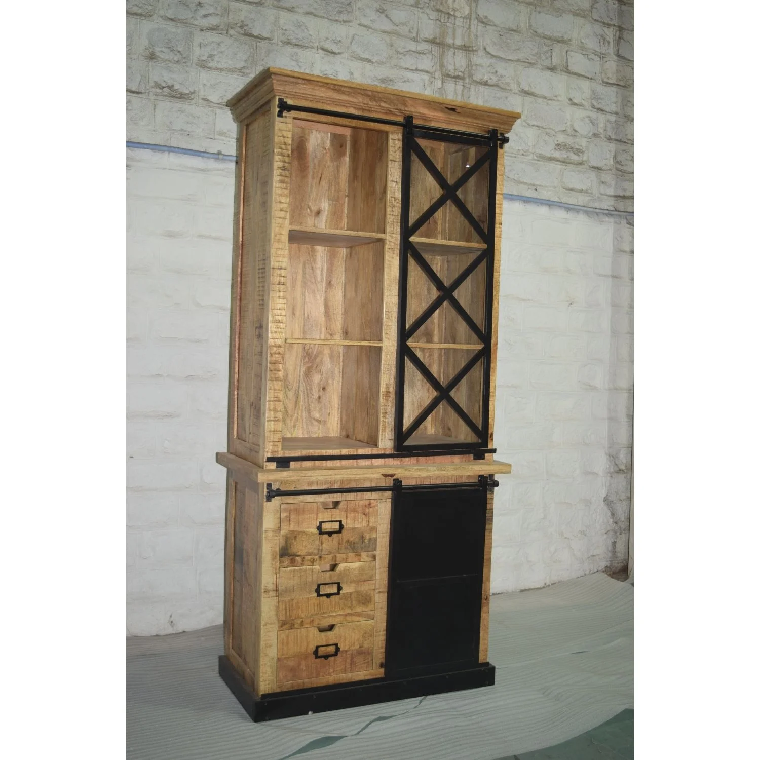 Luxury Modern Industrial Style Mango Wooden Glass Panel Hutch Buffet Cabinet Storage Display Home Dining Living Room