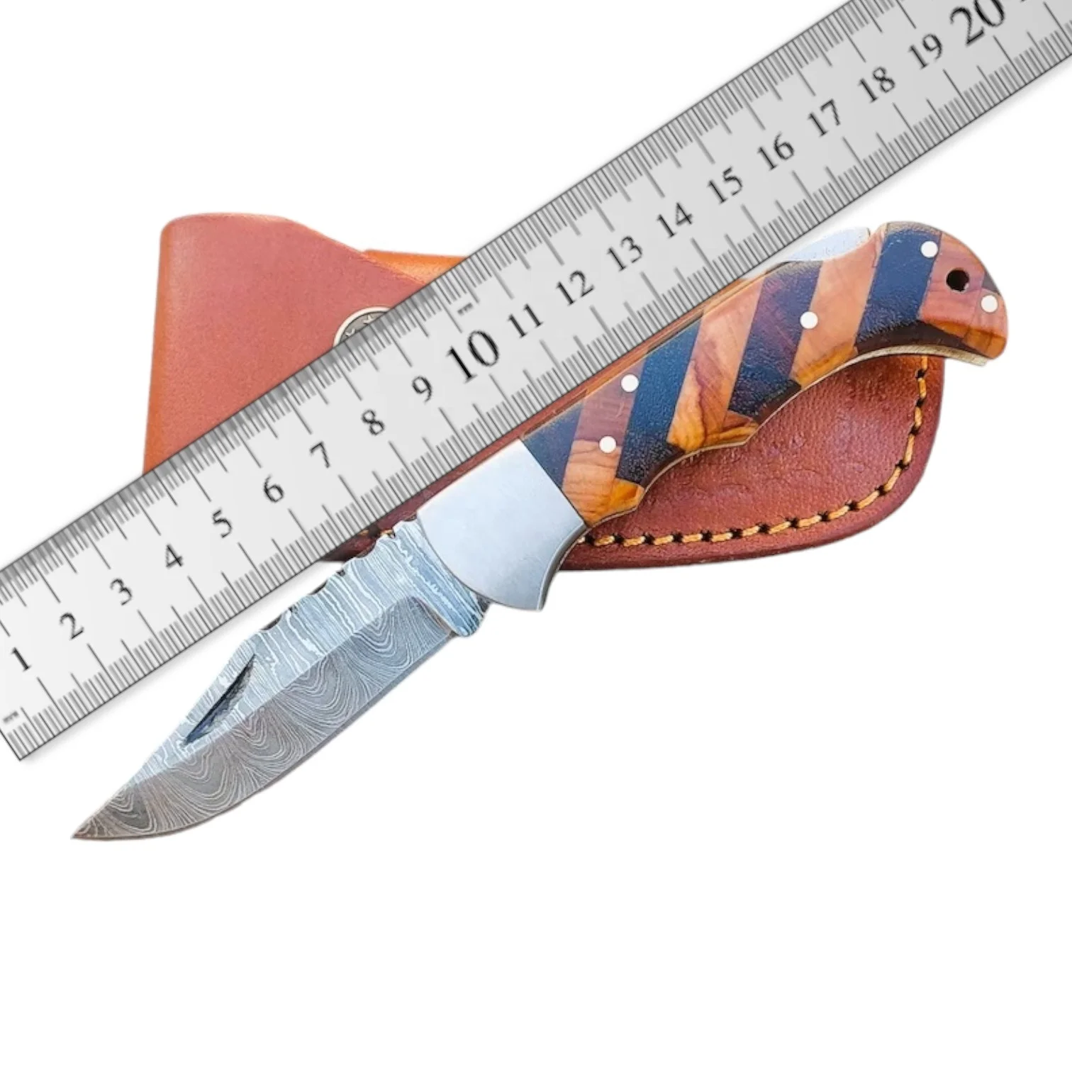 Wood Handle Damascus Steel Folding Pocket Knife - 3-Inch Blade with Leather Case, Custom Engraving & Wholesale Deals