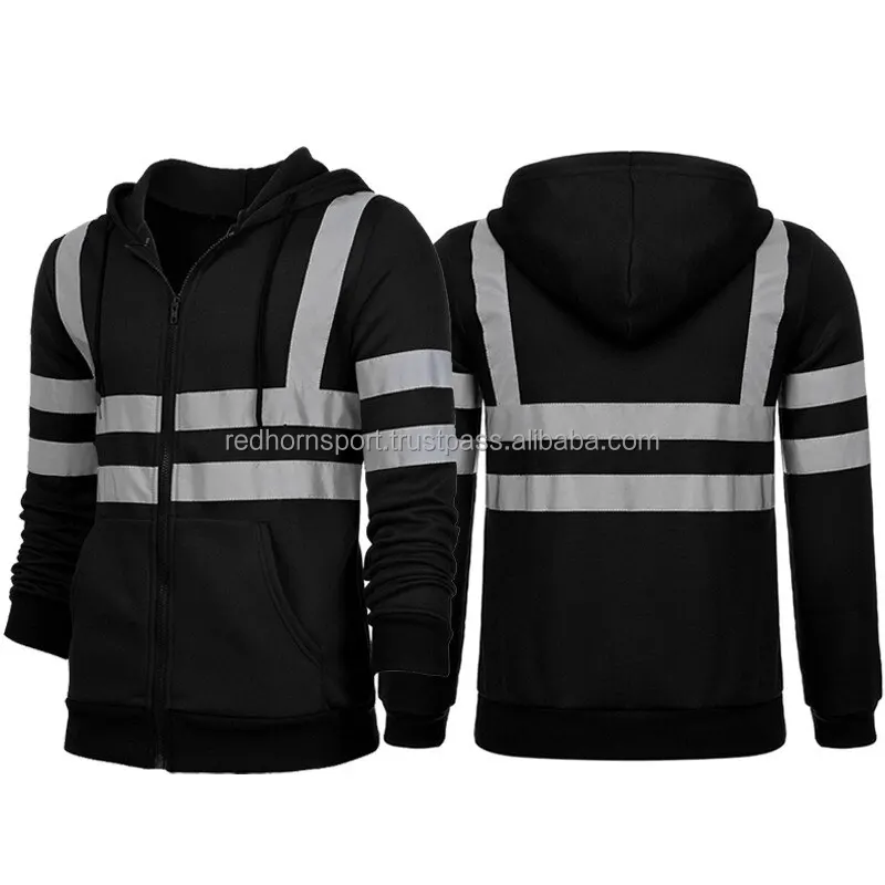 OEM High Visibility Jacket Customized Orange Lined Fleece Sweatshirts Men Work Reflective Safety Hoodie Zippered