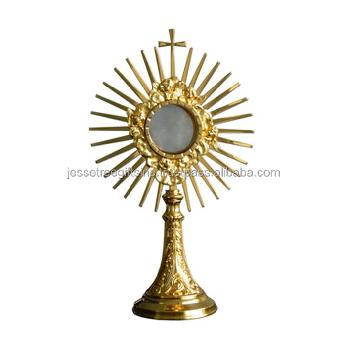 Metal Reliquary With Shiny Polish Finishing Bunch Of Grapes & Leaves Embossed Design Round Shape Cross On Top For Display