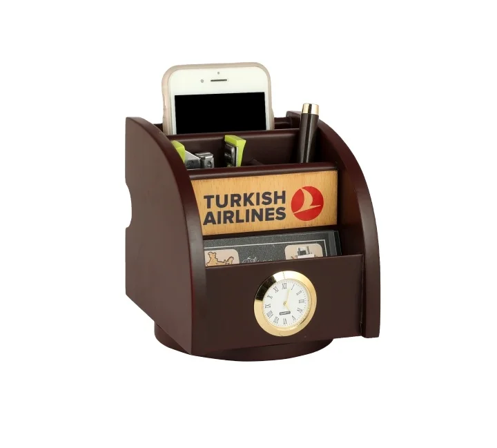 Table Clock Phone Pen Holder Stand for Office Desk Wooden Pen Stand Table Phone Holder Pen Stand Custom Branding Office Table