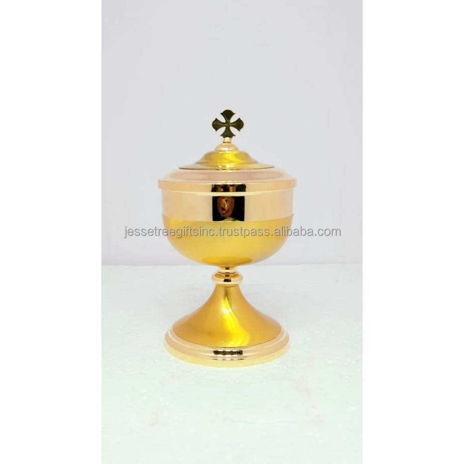 Brass Church Ciborium With Shiny Polish & Yellow Enamel Finishing Round Shape Genuine Quality Cross Inlay On Lid For Drinking