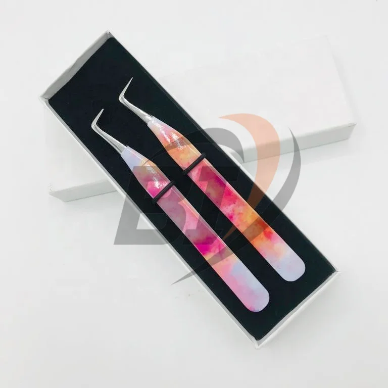 90 Degree Slim Boot Custom Design Paper Coated Stainless Steel Private Logo Hand Tested Volume Eyelash Tweezers