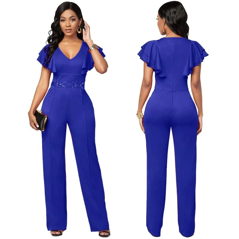 Wholesale sexy fashion lapel long sleeve 1 one piece jumpsuit rompers solid color belt pleated women jumpsuits deep v neck