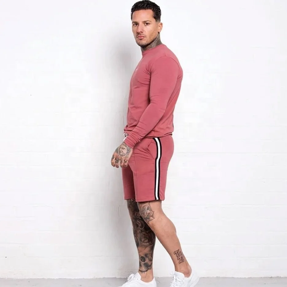 Custom Shorts and Shirts 100% Cotton Men Twin Set Long Sleeve t shirt and Short Sets New Arrival Short Two Piece Sets For Sale