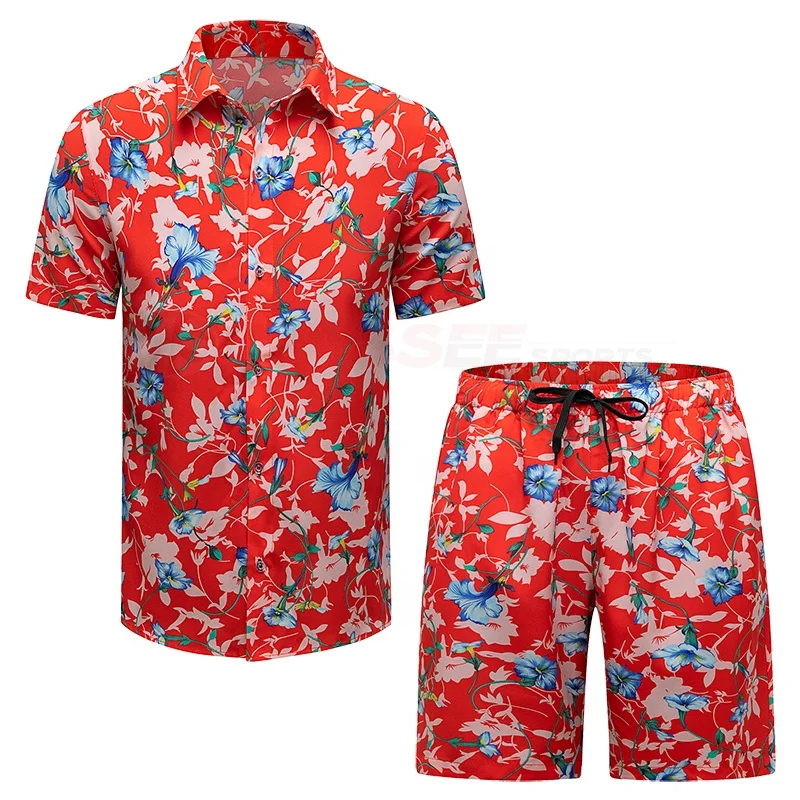 2022 New Design Shirt Printing Men 100%Polyester Custom Beach Wear Casual Hawaiian Men Beach Suit Set