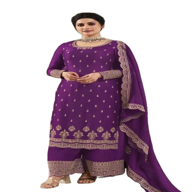 Scoop Neck Silk Georgette Embroidered Long Kurti With Santoon Plazo With Dupatta Set Available At Online And You Can Buy Easily